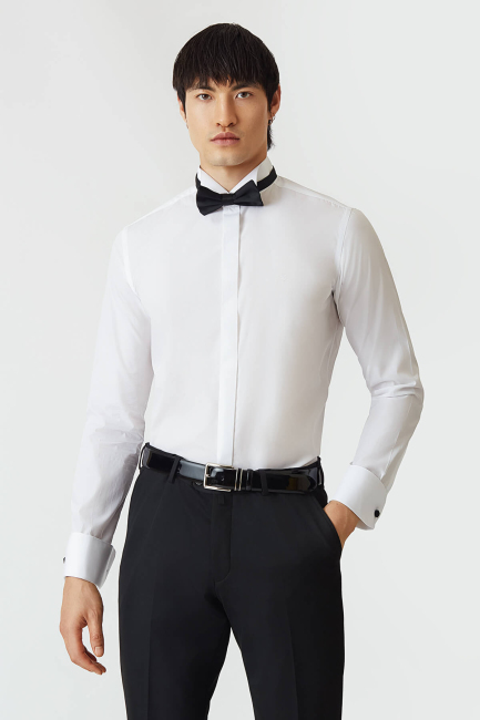Slim Fit Ata Yaka Beyaz Erkek Smokin Gömlek - Bisse