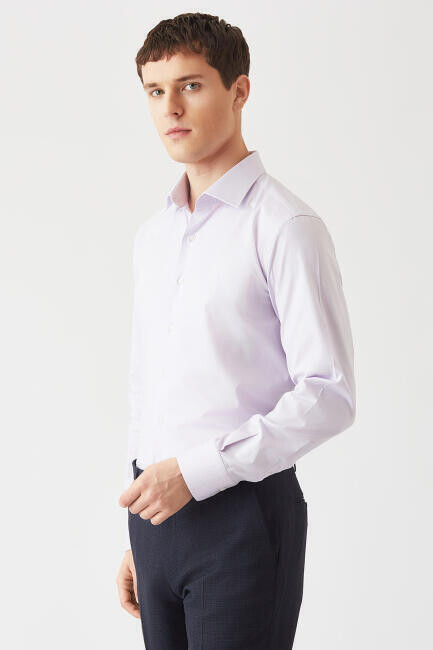 Erkek Modern Fit Uzun Kollu Klasik Gömlek LILA - 4