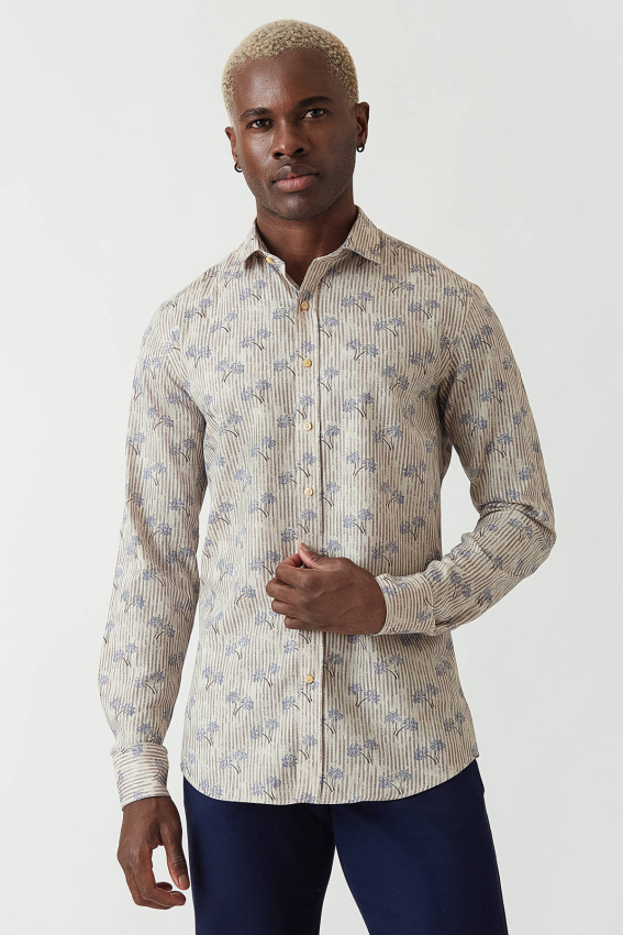 Slim Fit Kahve Desenli Spor Erkek Gömlek - 1