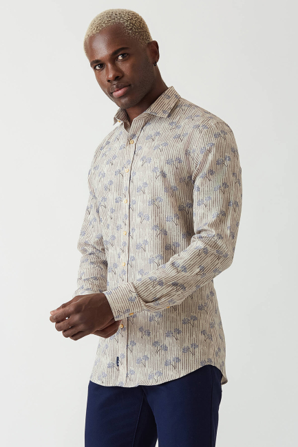 Slim Fit Kahve Desenli Spor Erkek Gömlek - 5