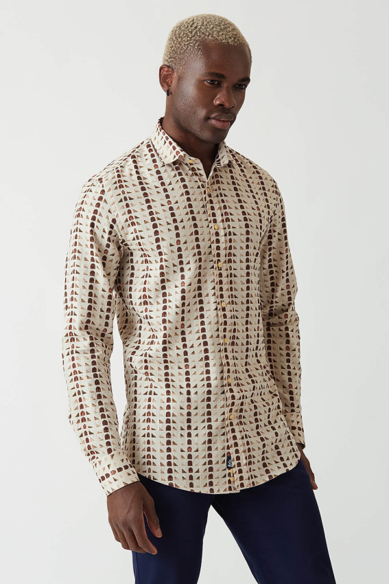 Bisse Men’s Slim Fit Long Sleeve Patterned Sport Shirt BROWN. 5