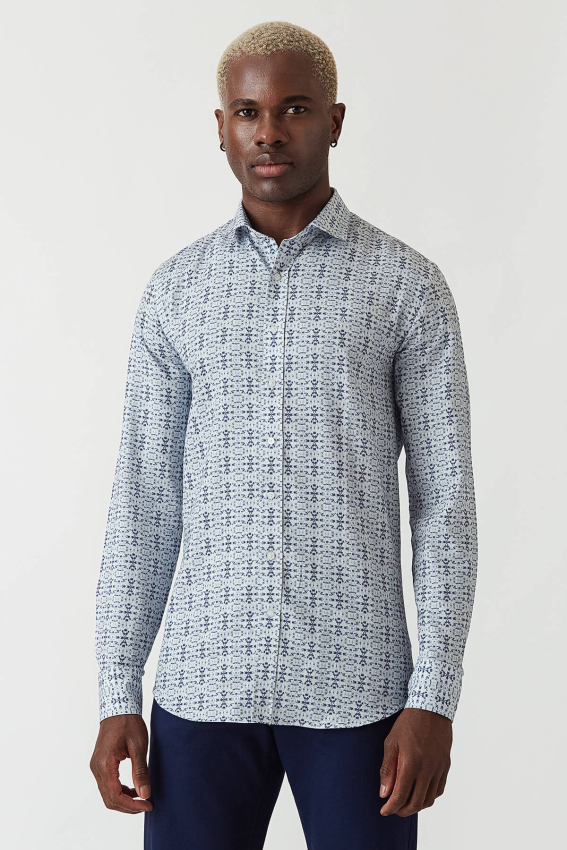 Slim Fit Lacivert Desenli Spor Erkek Gömlek - 4