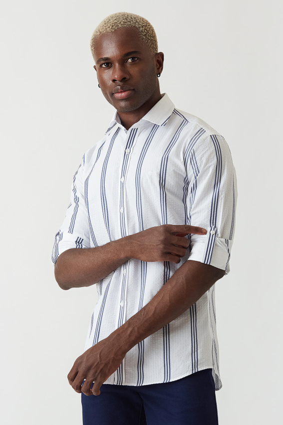 Slim Fit Lacivert Çizgili Erkek Gömlek - 4
