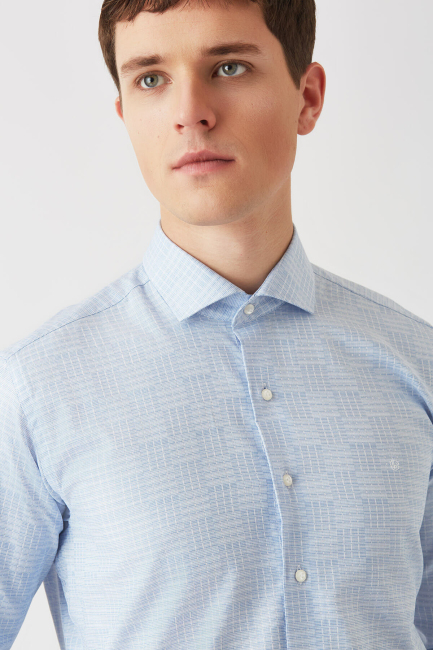 Erkek Mavi Pamuk Regular Fit Klasik Gömlek - 3