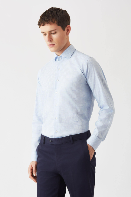 Erkek Mavi Pamuk Regular Fit Klasik Gömlek - 4