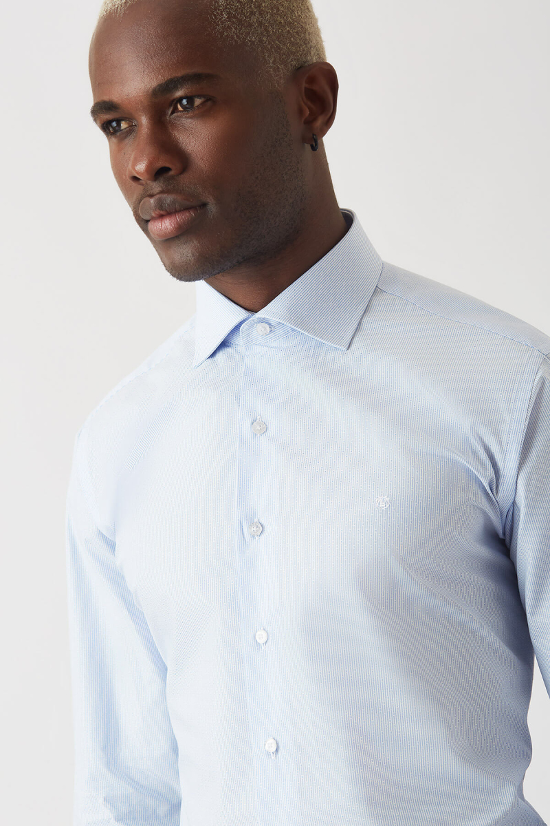 Erkek Mavi Pamuk Regular Fit Uzun Kol Klasik Gömlek - 3