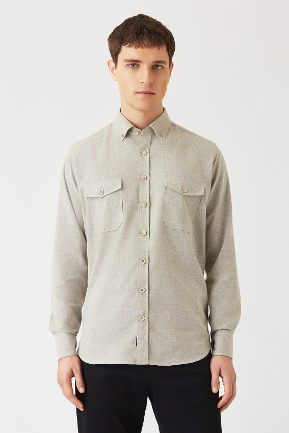 Regular Fit Bej Flanel Erkek Gömlek - 1