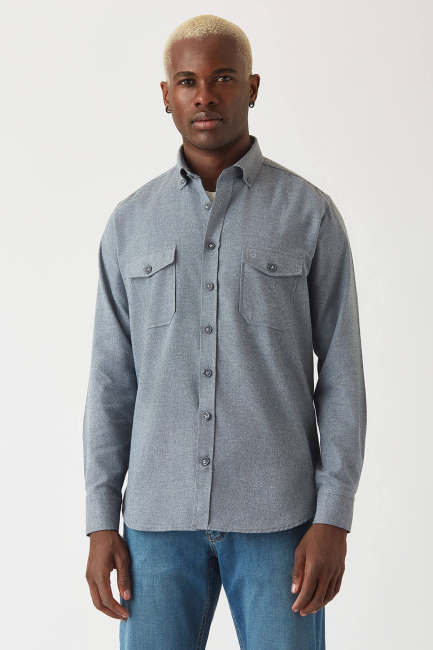 Regular Fit Lacivert Flanel Erkek Gömlek - 3