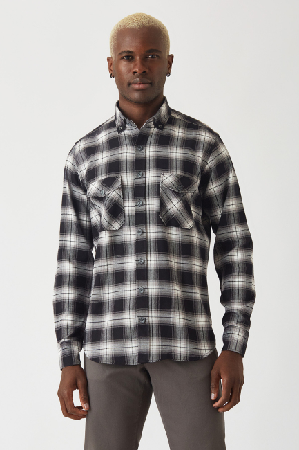 Regular Fit Sıyah Flanel Erkek Gömlek - Bisse