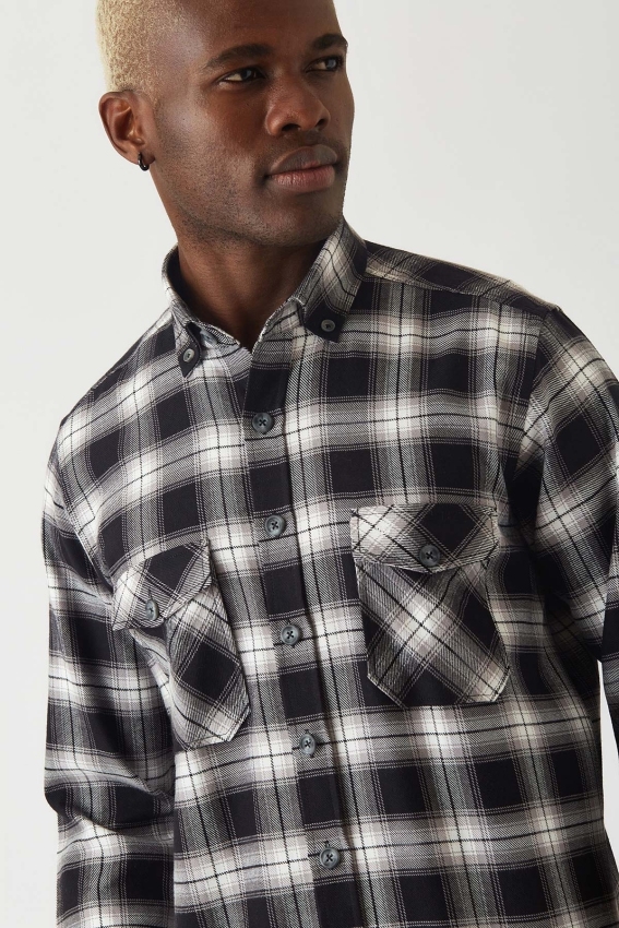 Regular Fit Sıyah Flanel Erkek Gömlek - 3