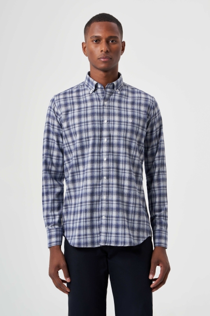 Regular Fit Flannel Plaid Navy Blue Men's Shirt - Bisse