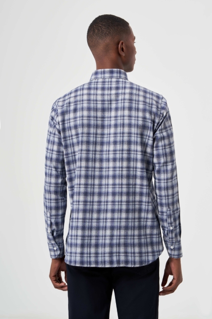 Regular Fit Flannel Plaid Navy Blue Men's Shirt - Bisse (1)