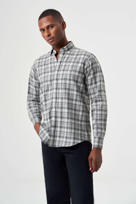Regular Fit Flannel Plaid Green Men's Shirt - Bisse