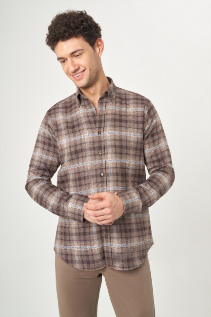 Regular Fit Coffee Flannel Men's Shirt - Bisse