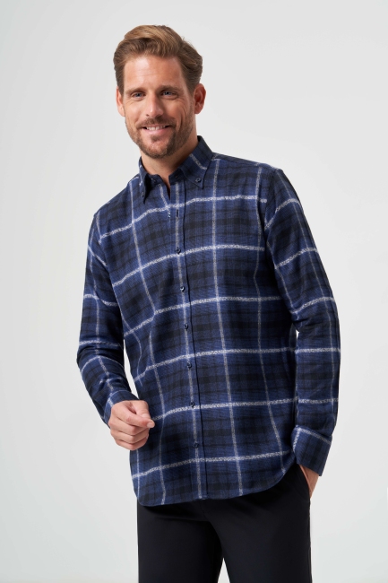 Regular Fit Lacivert Flanel Erkek Gömlek - Bisse