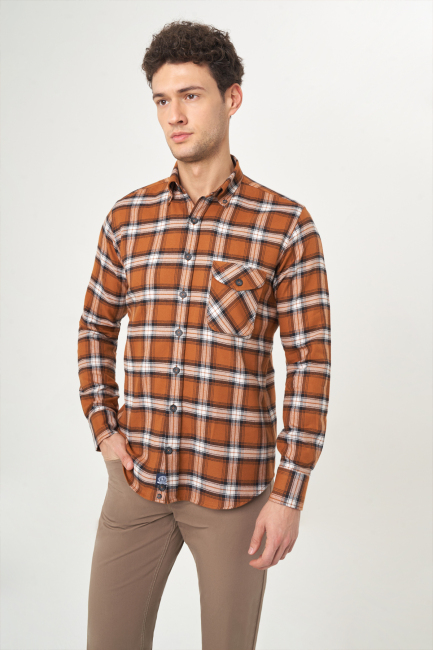 Regular Fit Coffee Flannel Men's Shirt - Bisse