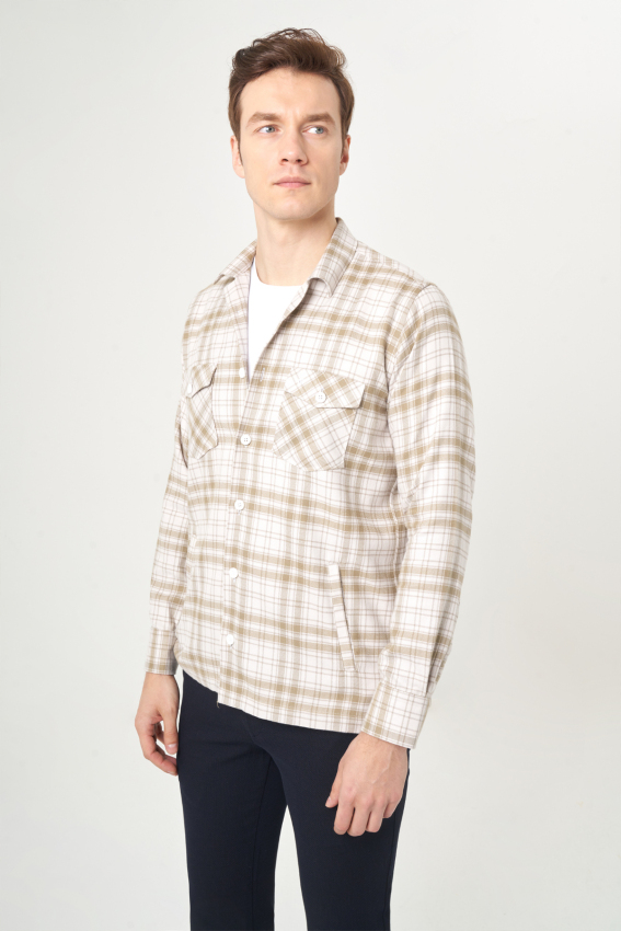 Regular Fit Bej Flanel Erkek Gömlek - 4