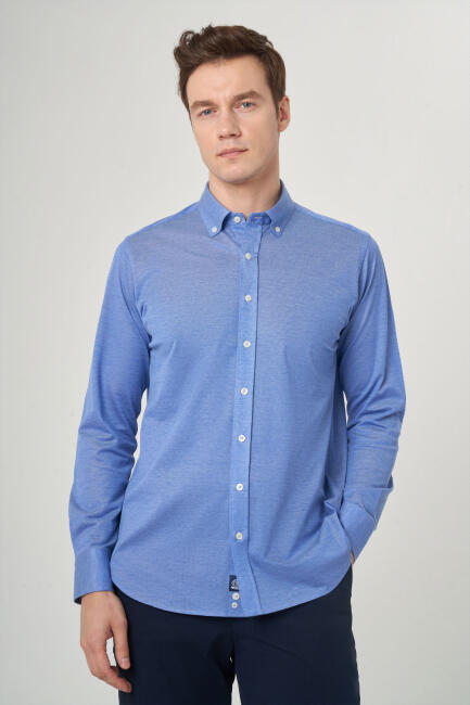 Regular Fit Paşa Yaka Mavi Spor Erkek Gömlek