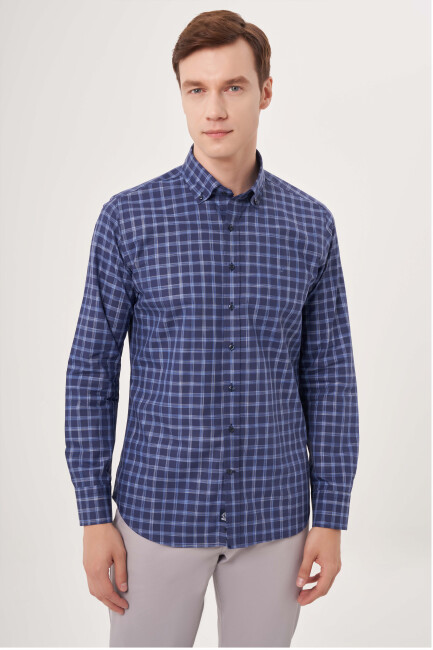 Regular Fit Paşa Yaka Lacivert Spor Erkek Gömlek - 3