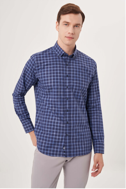 Regular Fit Paşa Yaka Lacivert Spor Erkek Gömlek - 1