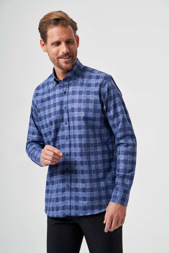 Regular Fit Paşa Yaka Lacivert Kareli Erkek Gömlek - 1