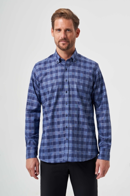 Regular Fit Paşa Yaka Lacivert Kareli Erkek Gömlek - 4