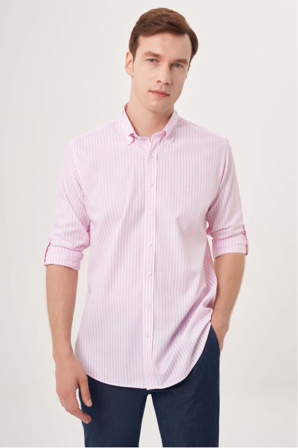 Regular Fit Paşa Yaka Pembe Spor Erkek Gömlek - Bisse
