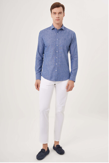 Slim Fit Uzun Lacivert Spor Erkek Gömlek - 4