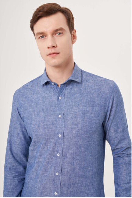 Slim Fit Uzun Lacivert Spor Erkek Gömlek - 3