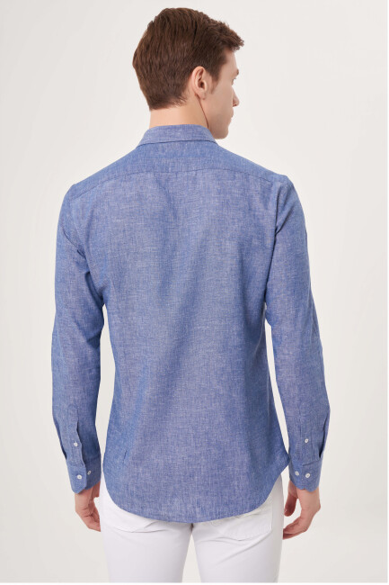 Slim Fit Uzun Lacivert Spor Erkek Gömlek - 2