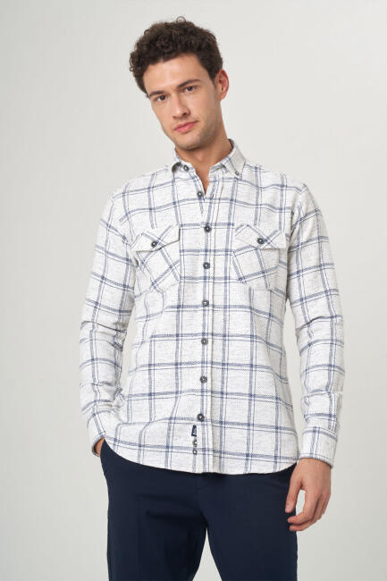 Regular Fit Navy Blue Flannel Men's Shirt - Bisse