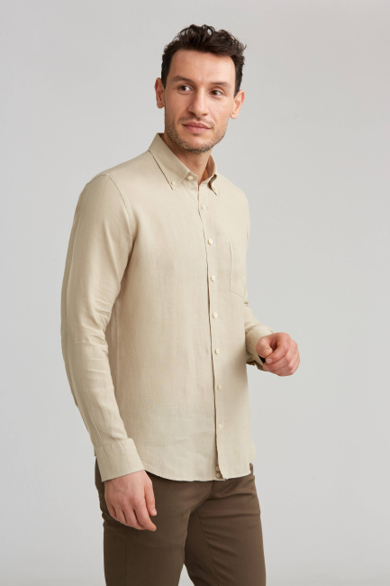 Regular Fit Paşa Yaka Bej Erkek Gömlek - 5