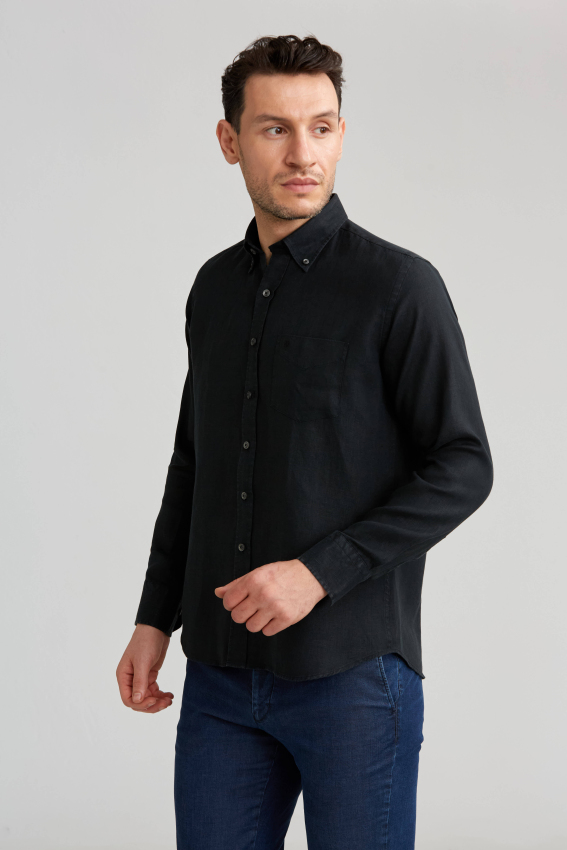 Regular Fit Paşa Yaka Siyah Erkek Gömlek - 5