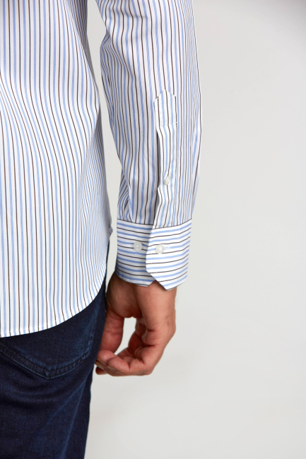Regular Fit Kol İçi Apoletli Mavi Çizgili Erkek Gömlek - 3