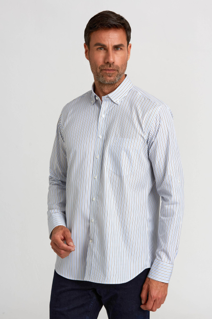 Regular Fit Kol İçi Apoletli Mavi Çizgili Erkek Gömlek - 5