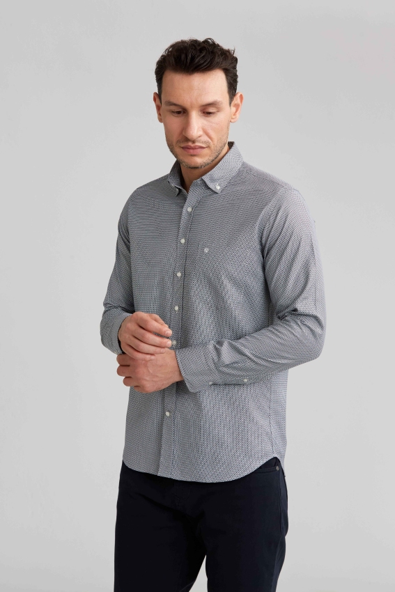 Regular Fit Paşa Yaka Desenli Gri Erkek Gömlek - 4