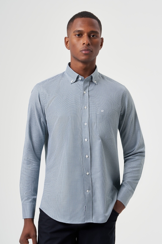 Regular Fit Paşa Yaka Desenli Yeşil Erkek Gömlek - 1