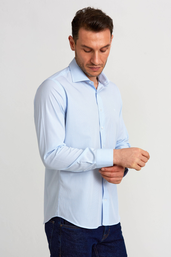 Regular Fit İtalyan Yaka Mavi Klasik Erkek Gömlek - 5