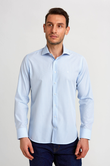 Regular Fit İtalyan Yaka Mavi Klasik Erkek Gömlek - 1