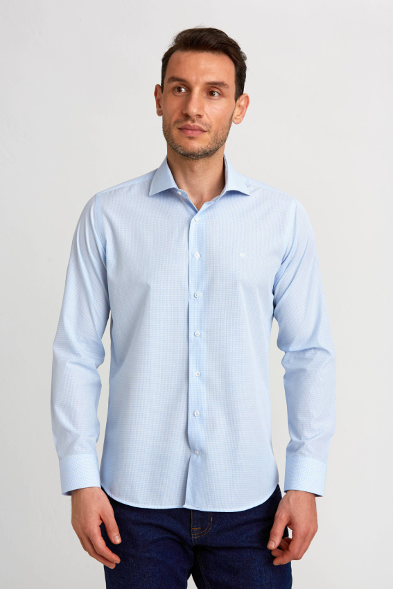 Regular Fit İtalyan Yaka Mavi Klasik Erkek Gömlek - 1