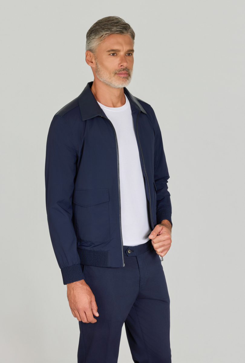 Gömlek Yaka Lacivert Deri Detaylı Erkek Mont - 3