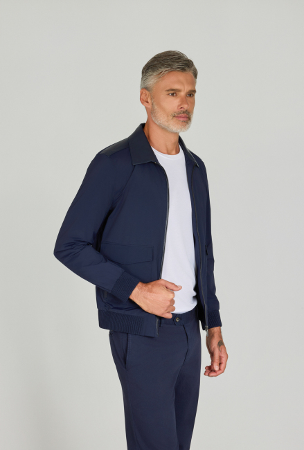 Gömlek Yaka Lacivert Deri Detaylı Erkek Mont (1)