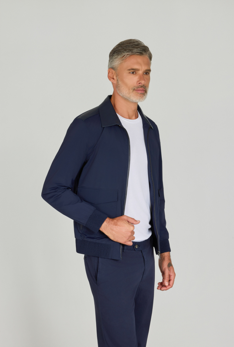 Gömlek Yaka Lacivert Deri Detaylı Erkek Mont (1)