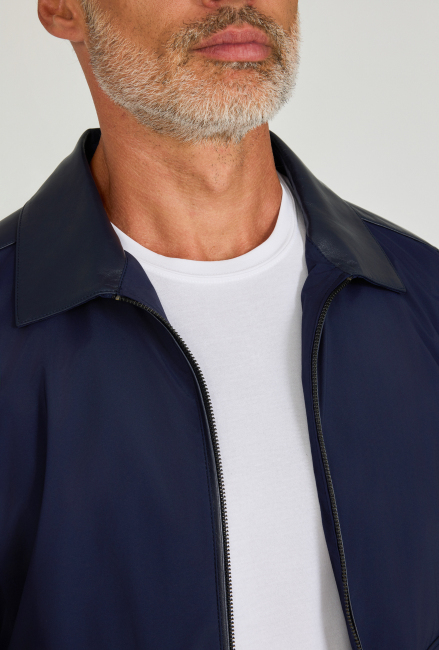 Gömlek Yaka Lacivert Deri Detaylı Erkek Mont - 5