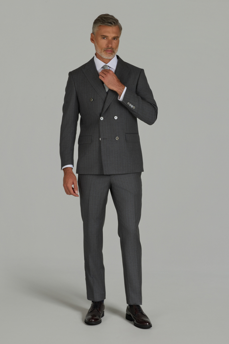 Gri Comfort Fit İtalyan Kruvaze Yaka Sedef Düğmeli 6 Drop Yün Takım Elbise - 1