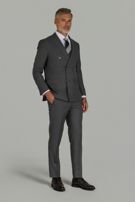 Gri Comfort Fit İtalyan Kruvaze Yaka Sedef Düğmeli 6 Drop Yün Takım Elbise - 4