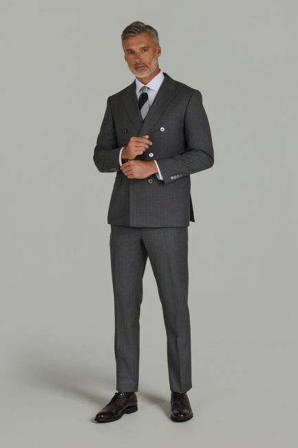 Gri Comfort Fit İtalyan Kruvaze Yaka Sedef Düğmeli 6 Drop Yün Takım Elbise (1)