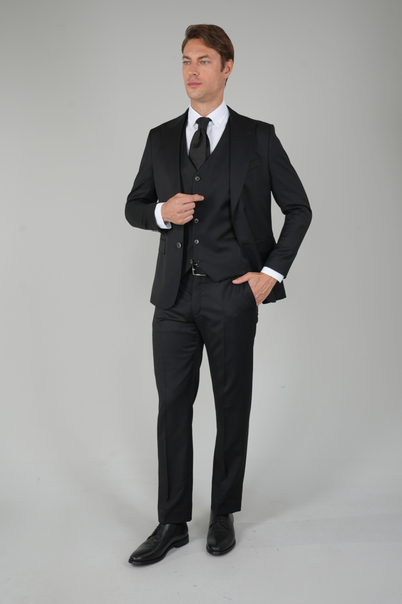 Gri Kırlangıç Yaka Çift Yırtmaçlı 6 Drop Yün Takım Elbise - 1