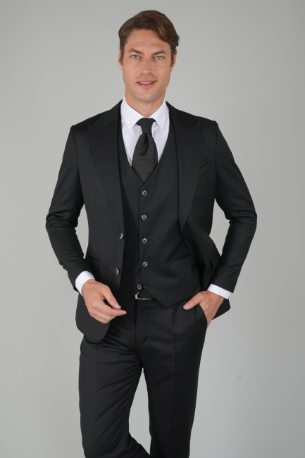 Gri Kırlangıç Yaka Çift Yırtmaçlı 6 Drop Yün Takım Elbise - 5