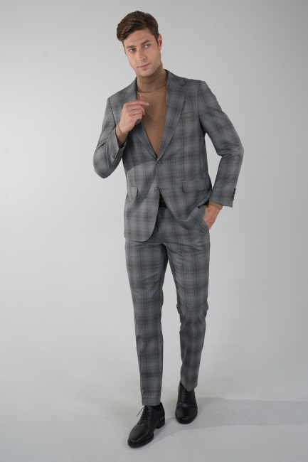 Gri Mono Yaka Çift Yırtmaçlı 6 Drop Yün Takım Elbise - 1